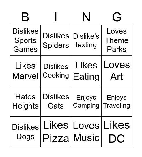 Mingle Bingo - Likes & Dislikes Bingo Card