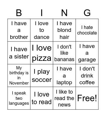 All About Me Bingo Card