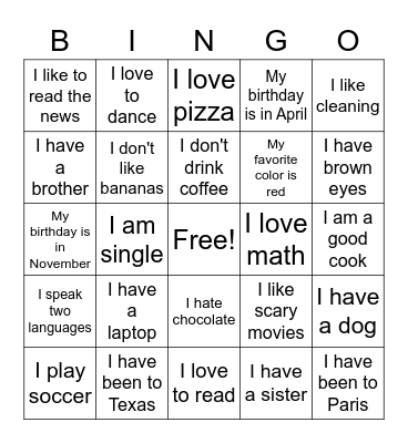 All About Me Bingo Card