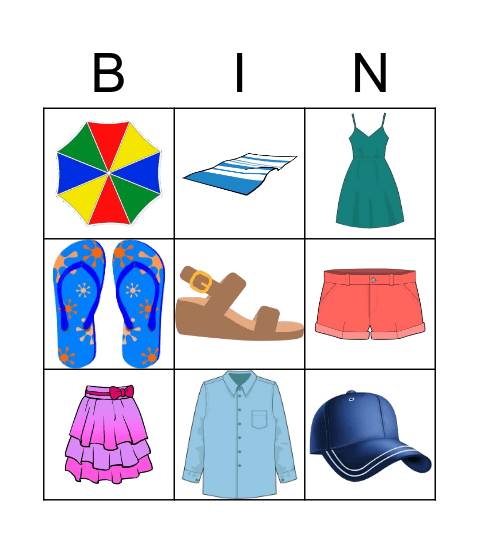 Summer Clothes Bingo Card