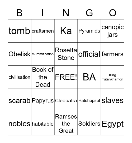 Ancient Egypt Bingo Card