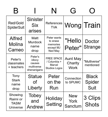 Spider-Man: No Way Home Teaser Bingo Card