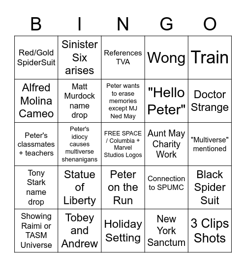 Spider-Man: No Way Home Teaser Bingo Card