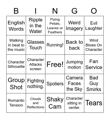 Anime Intro Bingo Card