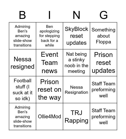 MLG's 22/08/21 Staff Meeting Bingo Card