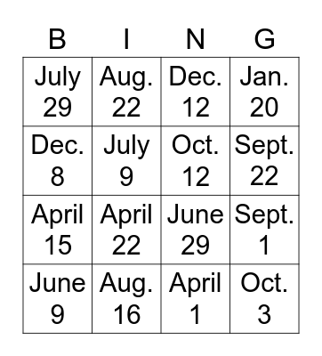 Las Fechas (Listening Practice) Bingo Card