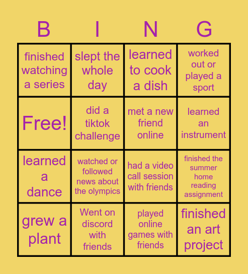 What I did for SUMMER Bingo Card