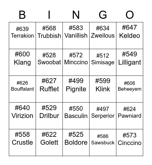 Pete ROUND 1 (Gen 5) Bingo Card