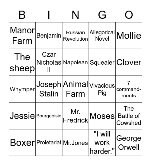 Animal Farm Bingo Card