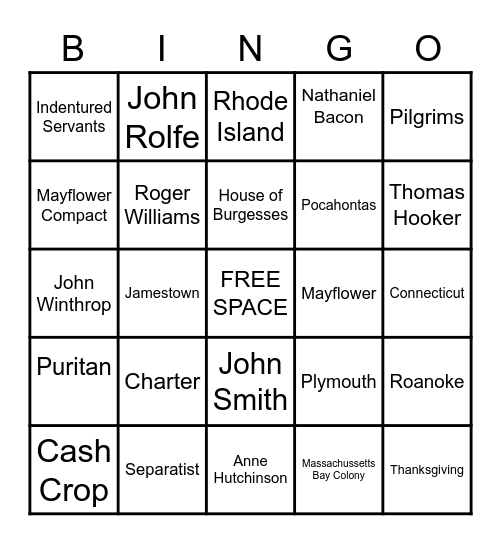 Colonization Bingo Card