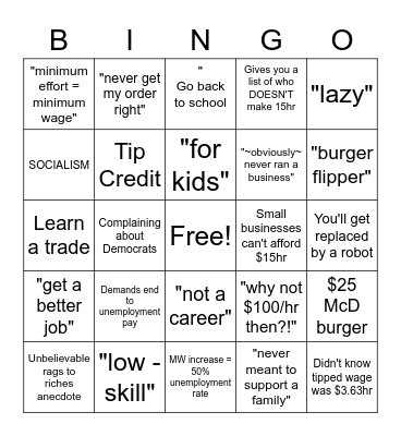 Minimum Wage Boomer Comments Bingo Card
