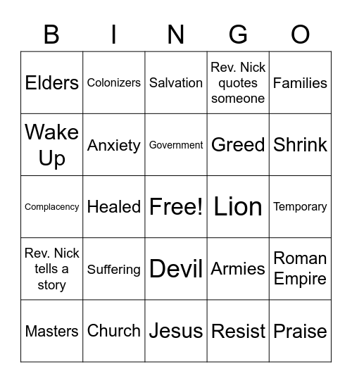Sermon Bingo for August 22nd 2021 Bingo Card