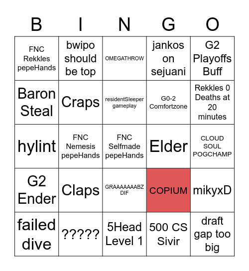 G2 vs FNC COPIUM Bingo Card