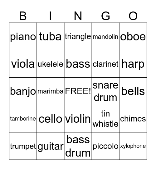 Musical Instruments Bingo Card