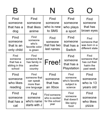Get to Know Your Classmates Bingo Card
