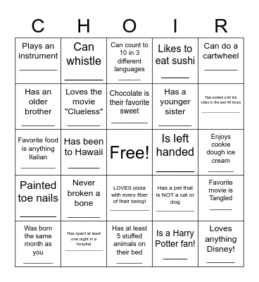 Get to know your choir peeps! Bingo Card