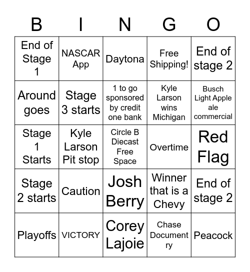 Colorcast NASCAR Bingo Card