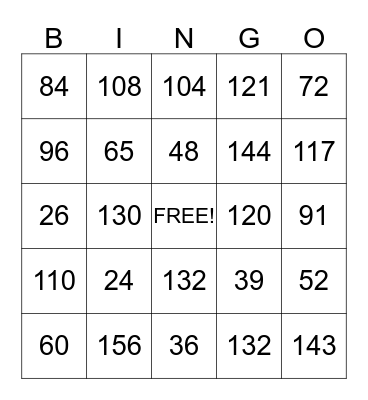 11, 12, 13 Multiplication Facts Bingo Card