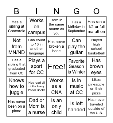 Concordia Nursing Bingo Card