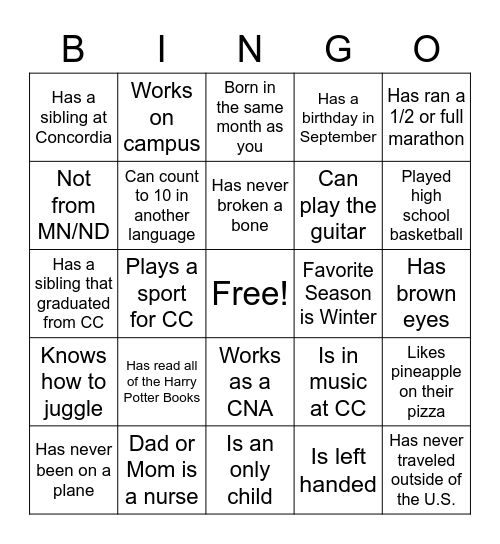 Concordia Nursing Bingo Card