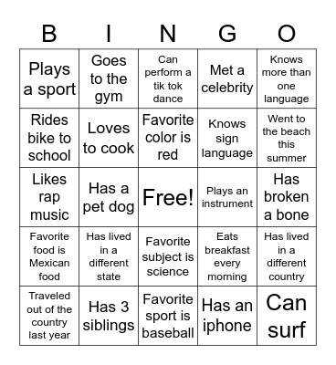 Classmate Bingo Card