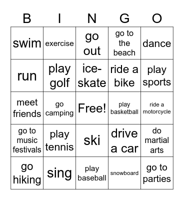 Leisure Bingo Card