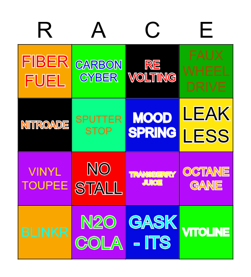 Piston Cup BINGO Card