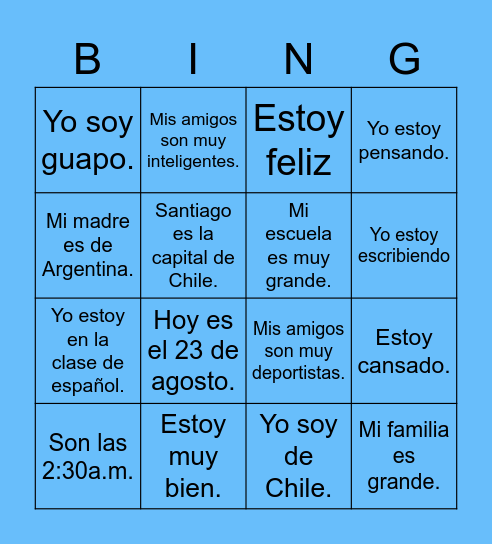 SER. VS ESTAR- TO BE Bingo Card