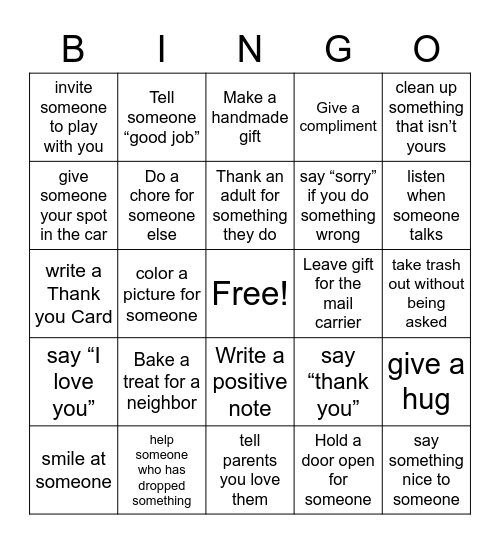 Kindness Bingo Card