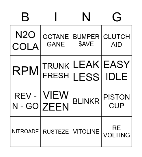 Piston cup Bingo Card