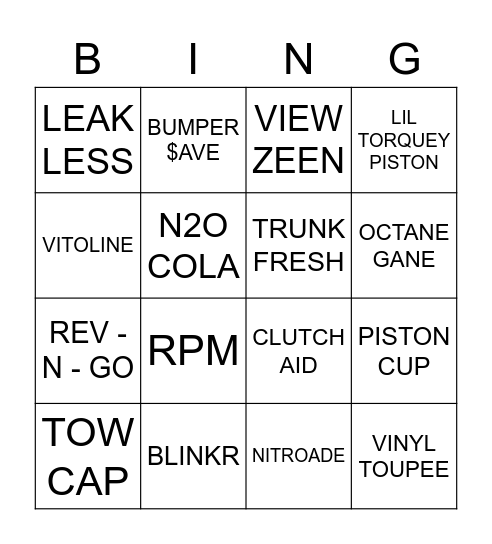 Piston cup Bingo Card