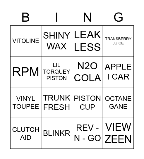 Piston cup Bingo Card