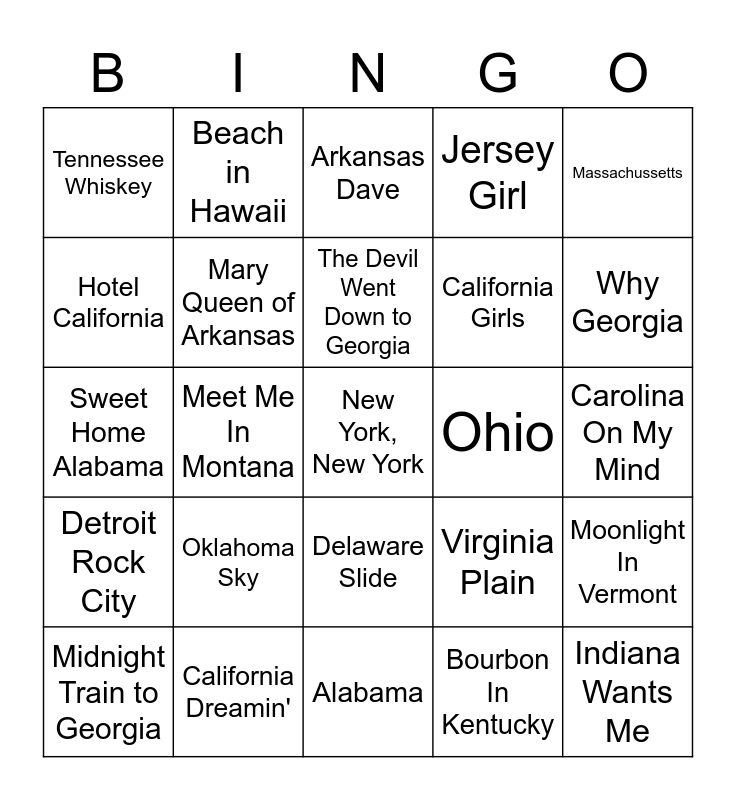 Songs With State Names In The Title Bingo Card