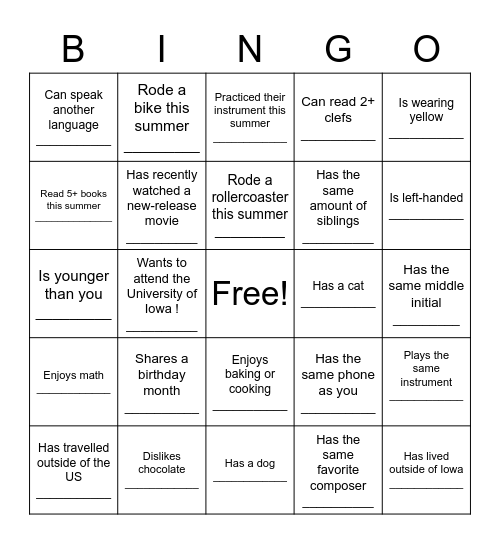 Orchestra Bingo Fall 2021! Bingo Card