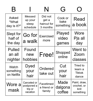 Quarantine Bingo Card