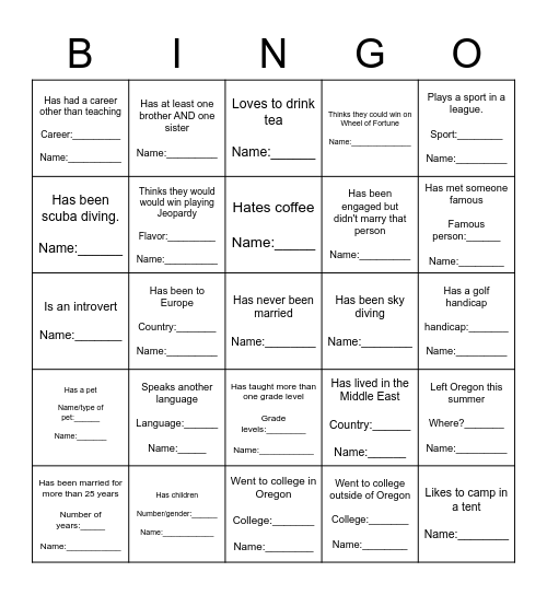 Find a teacher who... Bingo Card