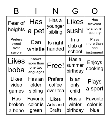 Get to Know Me Bingo Card