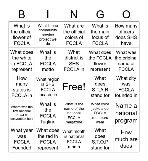 FCCLA Bingo Card