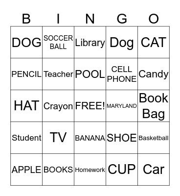 Noun Bingo Card