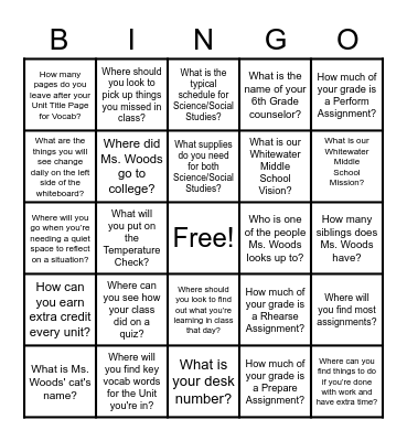 Ms. Woods's Class BINGO Card