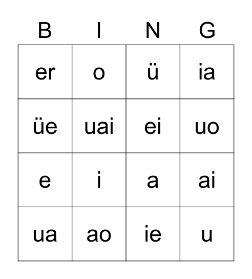 Pinyin 1 Finals Bingo Card