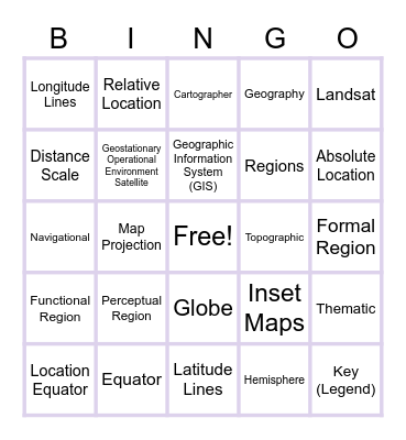 World Geography Chapter 1 Section 1 & 2 Bingo Card