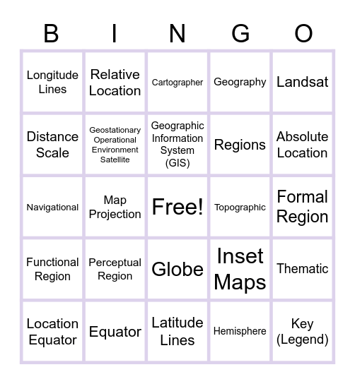 World Geography Chapter 1 Section 1 & 2 Bingo Card