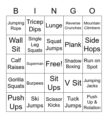 Fitness Bingo Challenge Bingo Card
