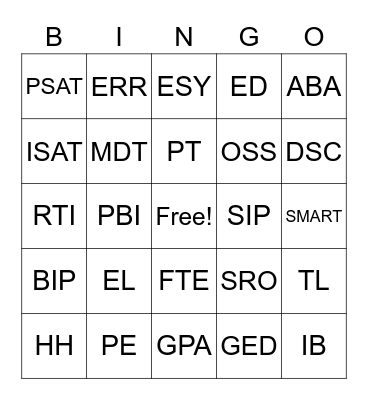 Acronym Bingo Card