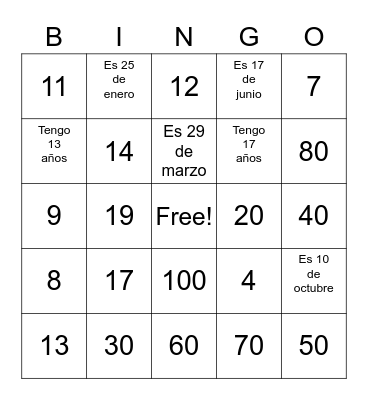 Los numeros Bingo Card