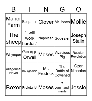 Animal Farm Bingo Card