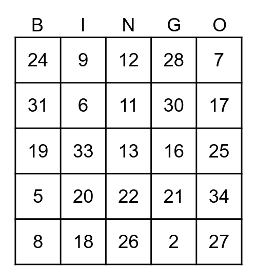 Number Bingo Card