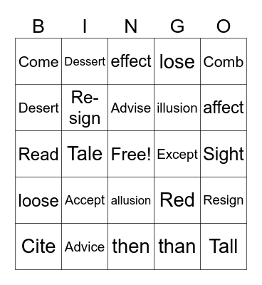 SIMILAR SOUNDING WORDS: BINGO Card