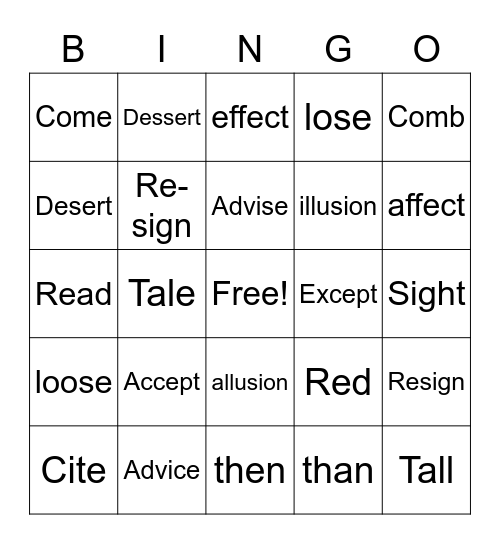 SIMILAR SOUNDING WORDS: BINGO Card